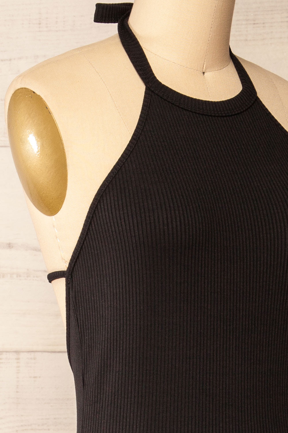 Anikara Black Ribbed Midi Halter Dress | La petite garçonne side close-up