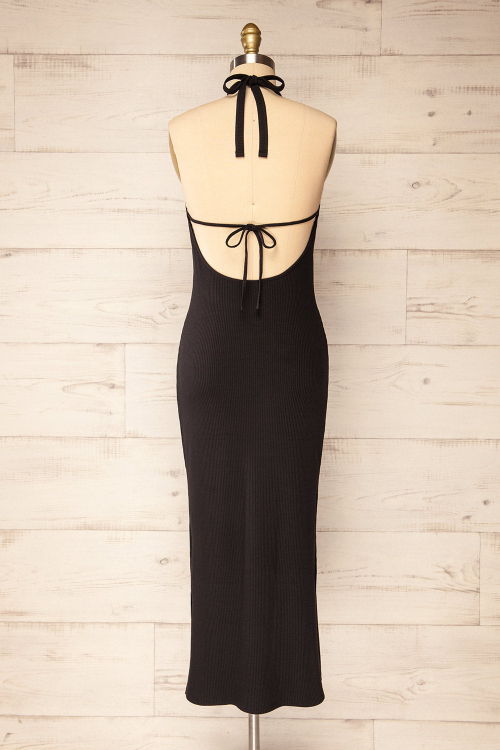 Anikara Black Ribbed Midi Halter Dress | La petite garçonne back view