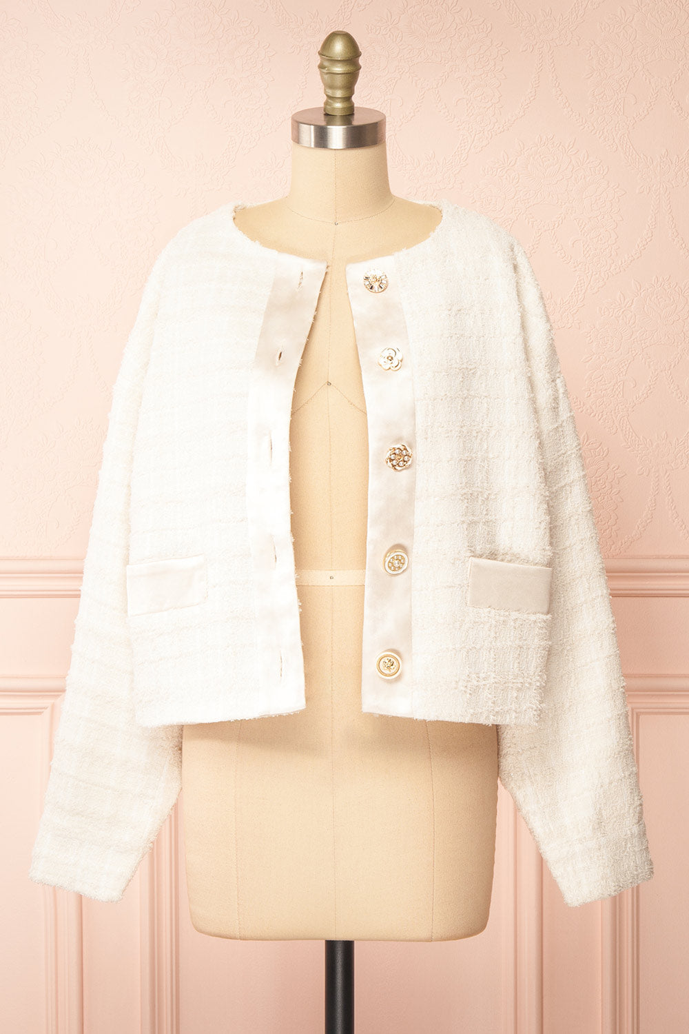 Anissa Jewel Button-Up Ivory Tweed Jacket | Boutique 1861 open front view