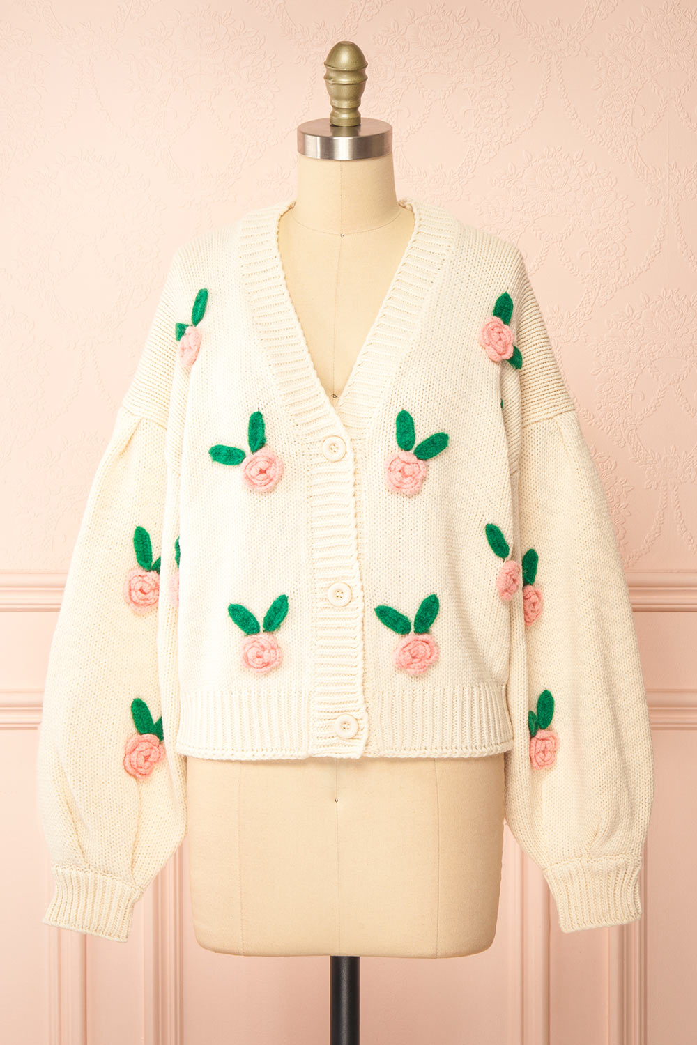 Annalee Beige Knit Cardigan wih 3D Flowers | Boutique 1861 front view