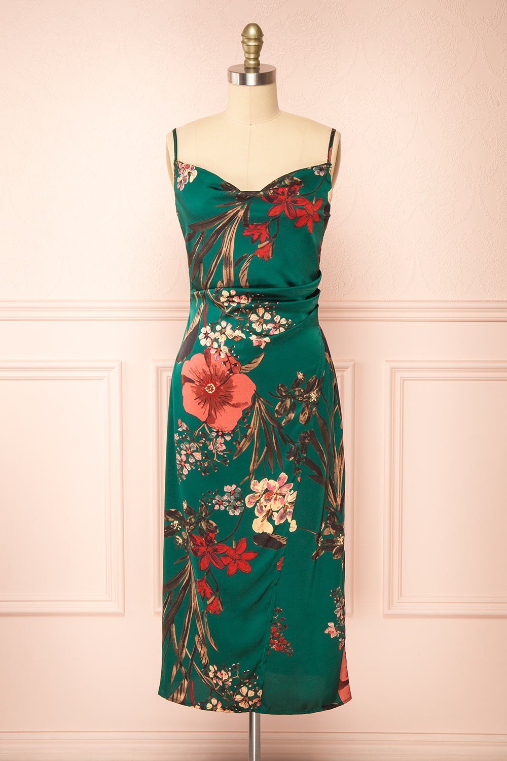green emerald velvet dress Annelise Green Cowl Neck Floral Midi Dress