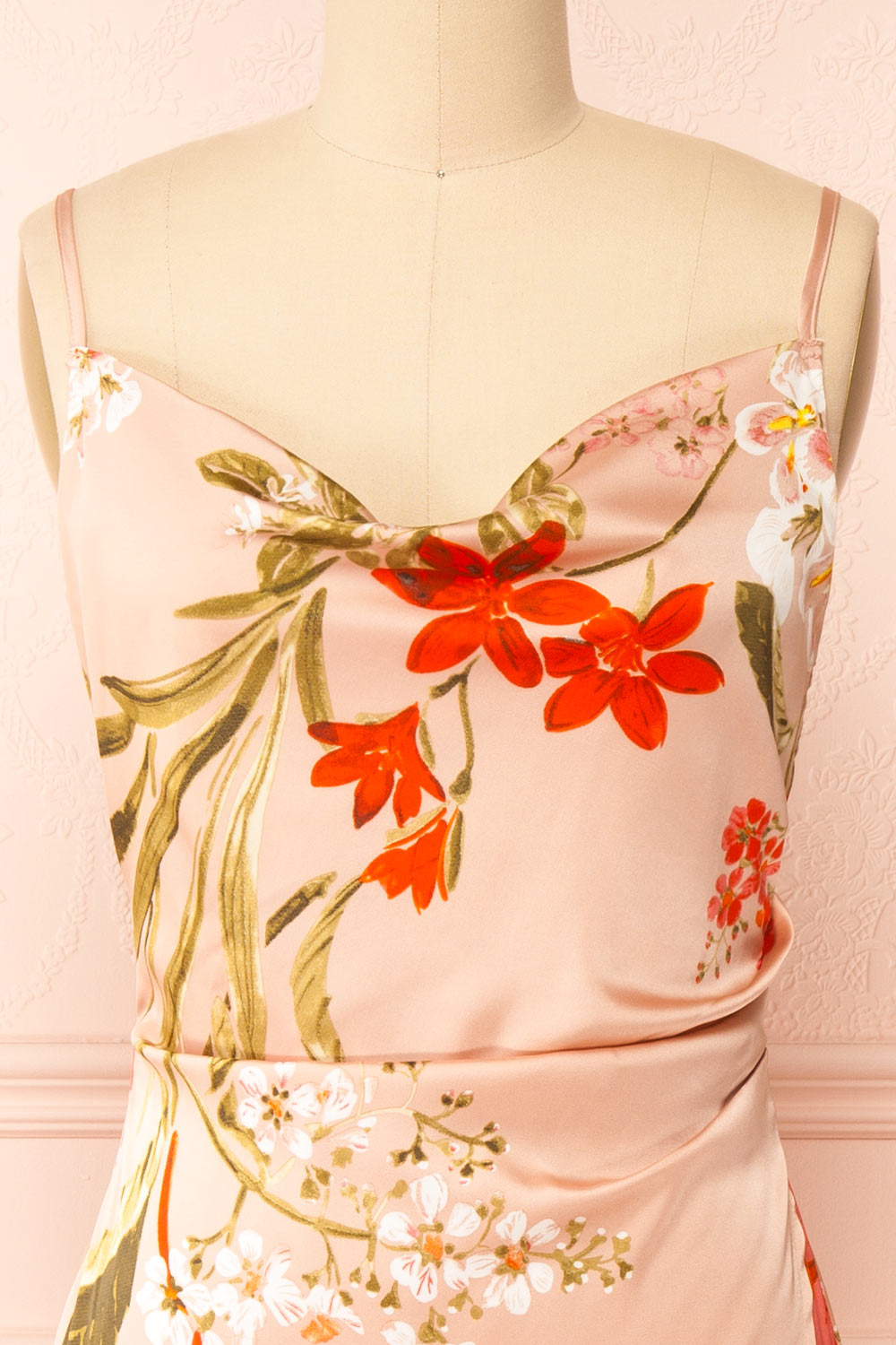 Annelise Pink Cowl Neck Floral Midi Dress | Boutique 1861 front close-up