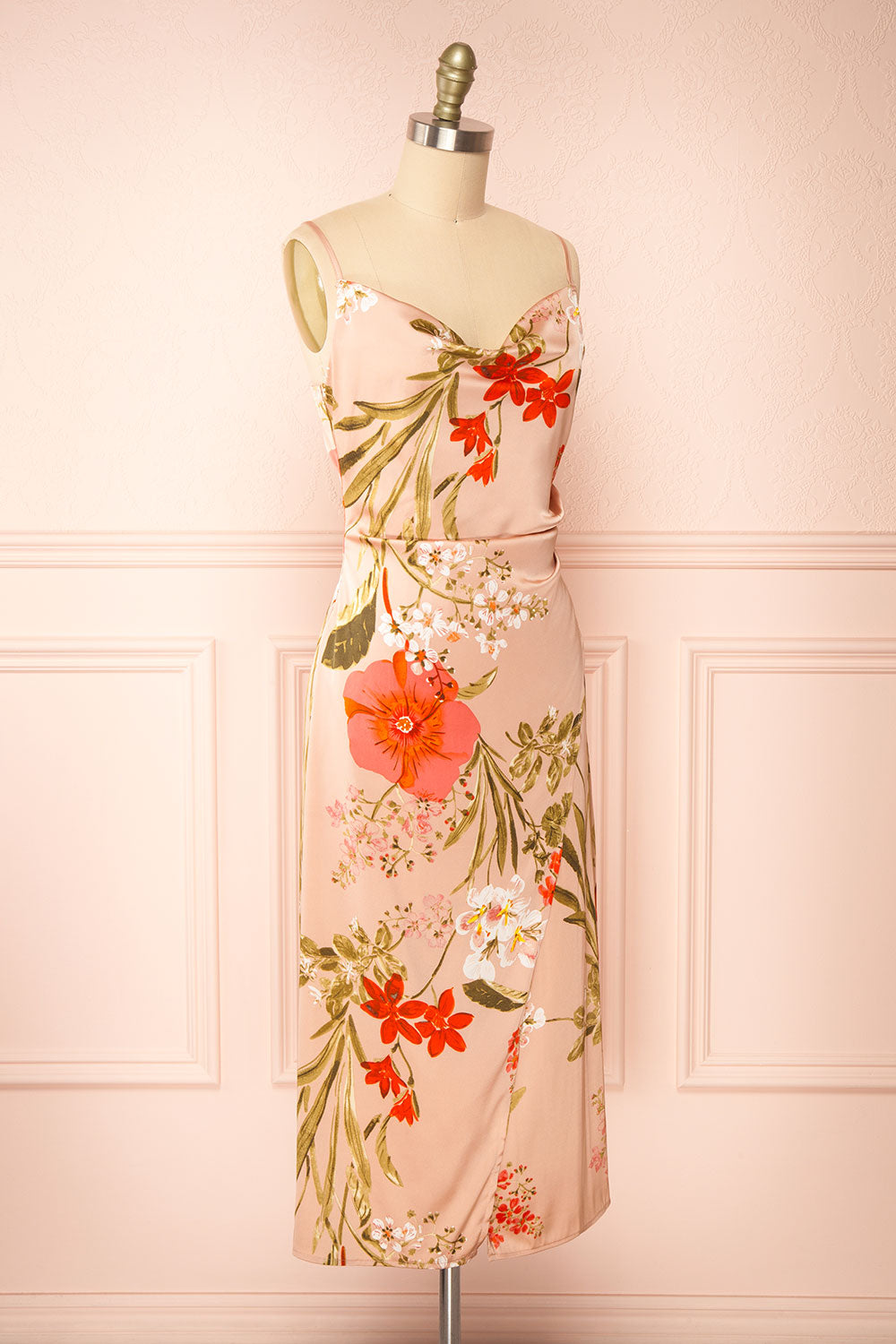 Annelise Pink Cowl Neck Floral Midi Dress | Boutique 1861 side view