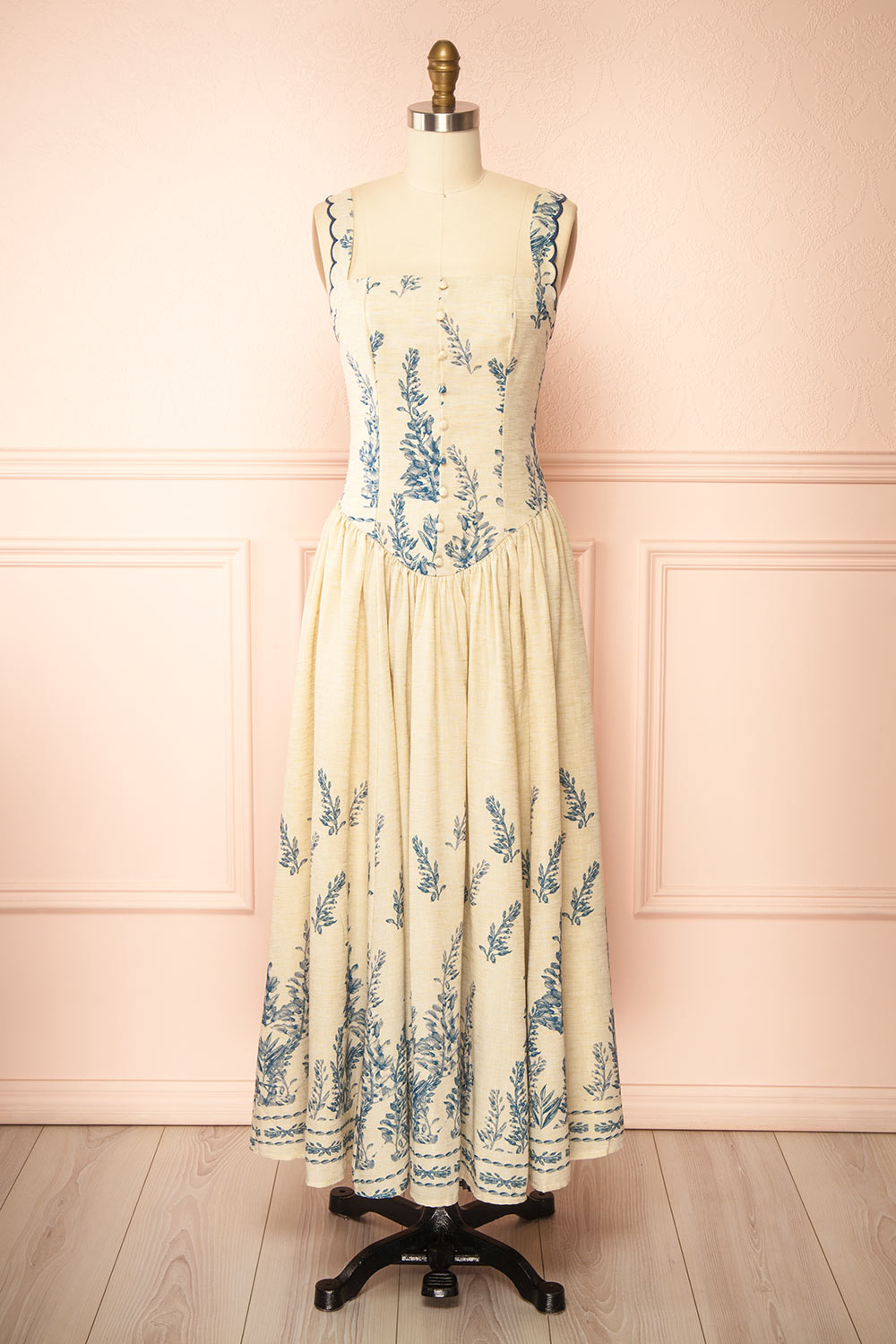 Anthea Beige Floral Long Dress with Scalloped Straps | Boutique 1861 front view