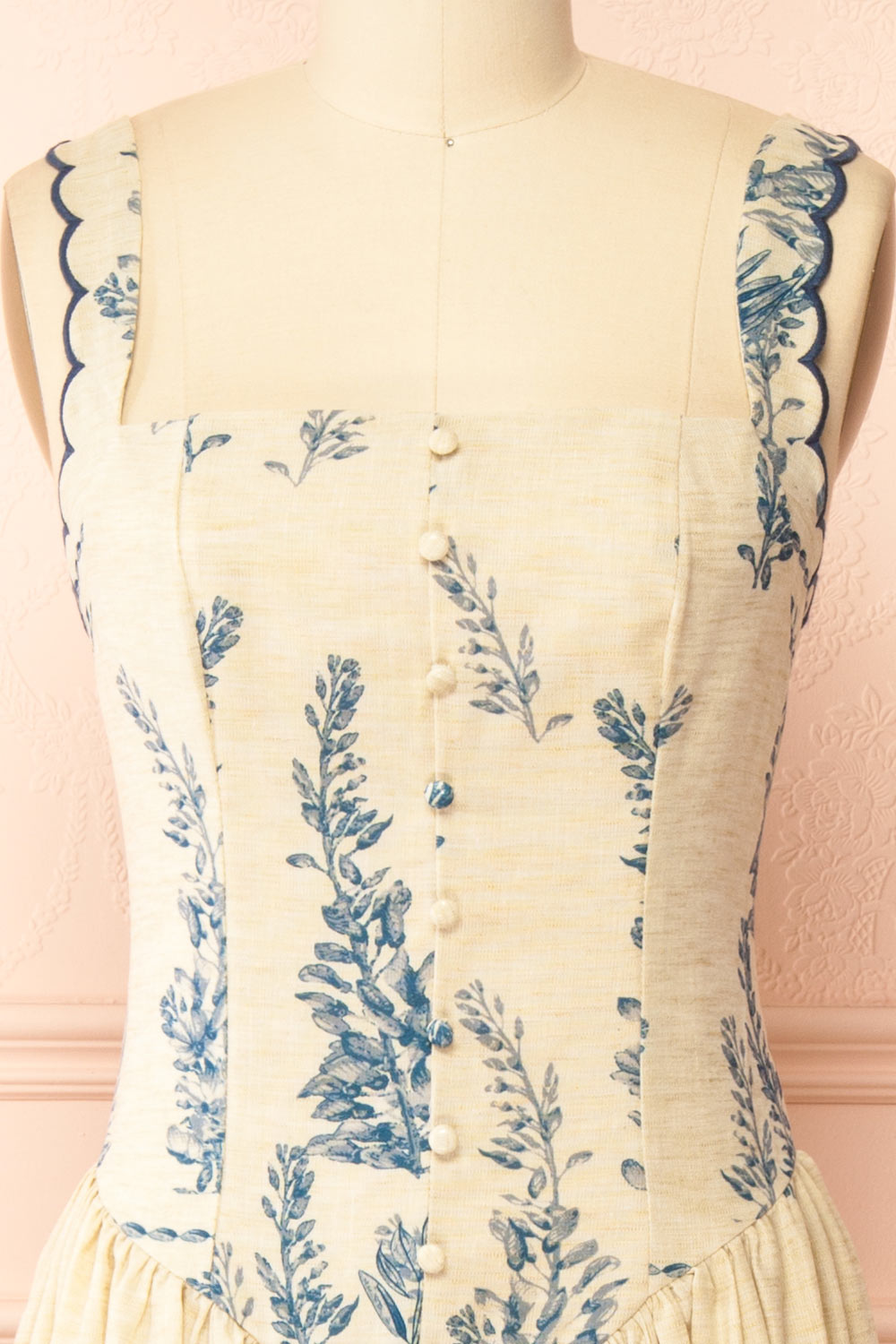 Anthea Beige Floral Long Dress with Scalloped Straps | Boutique 1861 front