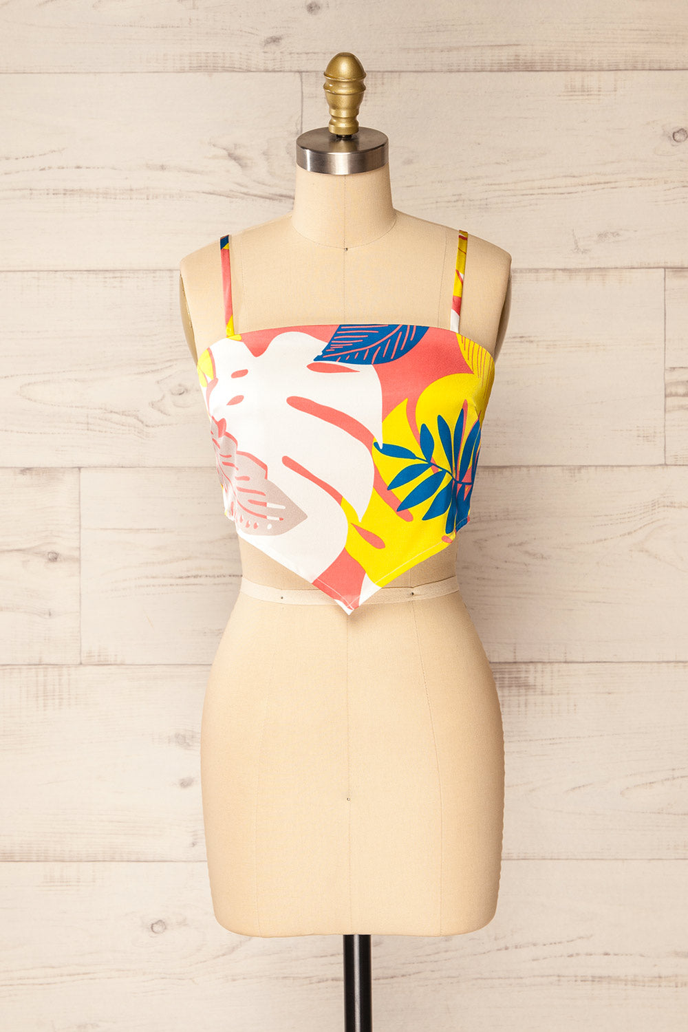 Appenzel Knotted Back Satin Floral Cropped Cami front view