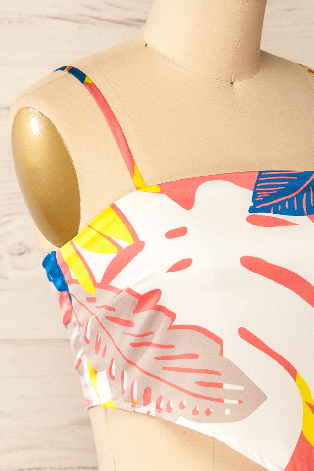 Appenzel Knotted Back Satin Floral Cropped Cami side close-up