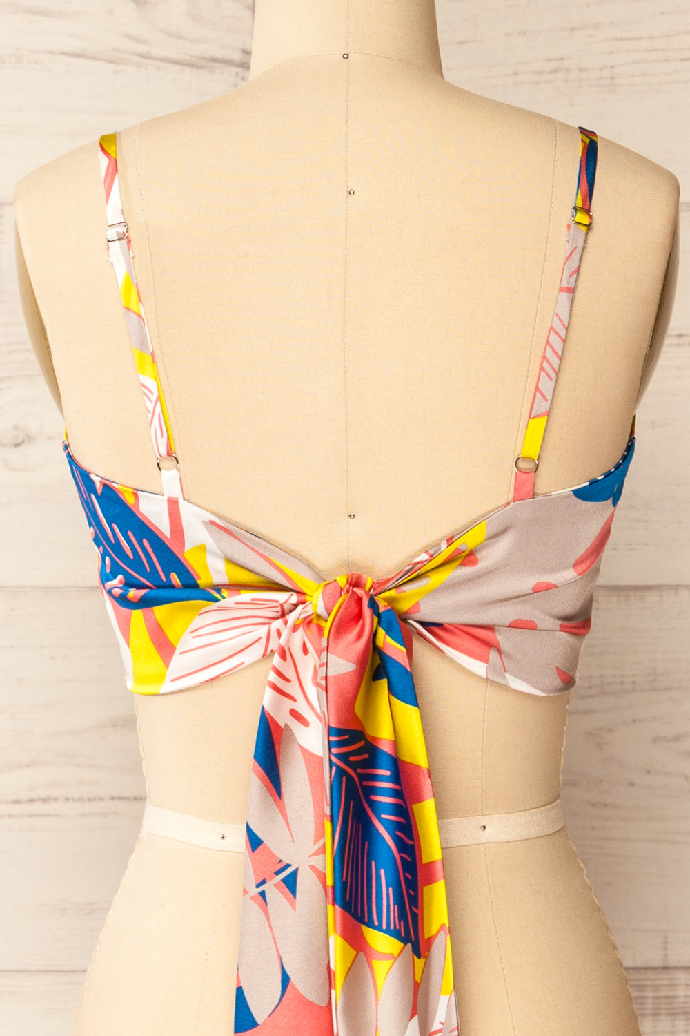 Appenzel Knotted Back Satin Floral Cropped Cami back close-up