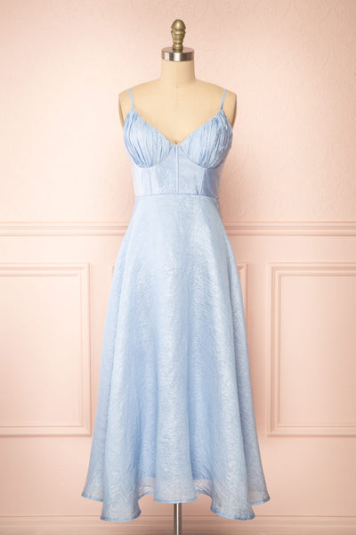 Arajel Light Blue Textured Satin Midi Dress | Boutique 1861 front view