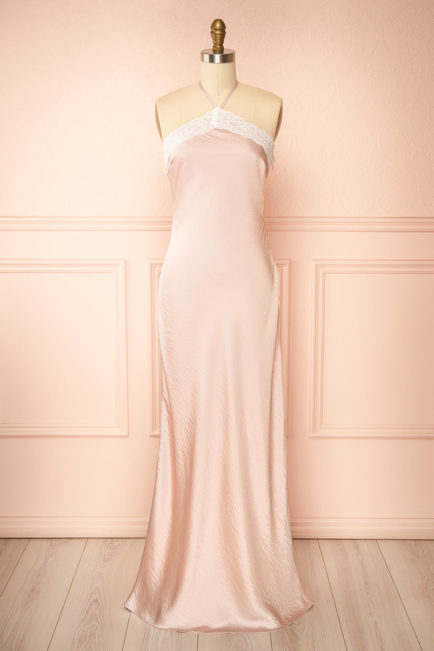 Aralynn Mauve | Lace-Trim Satin Halter Maxi Dress