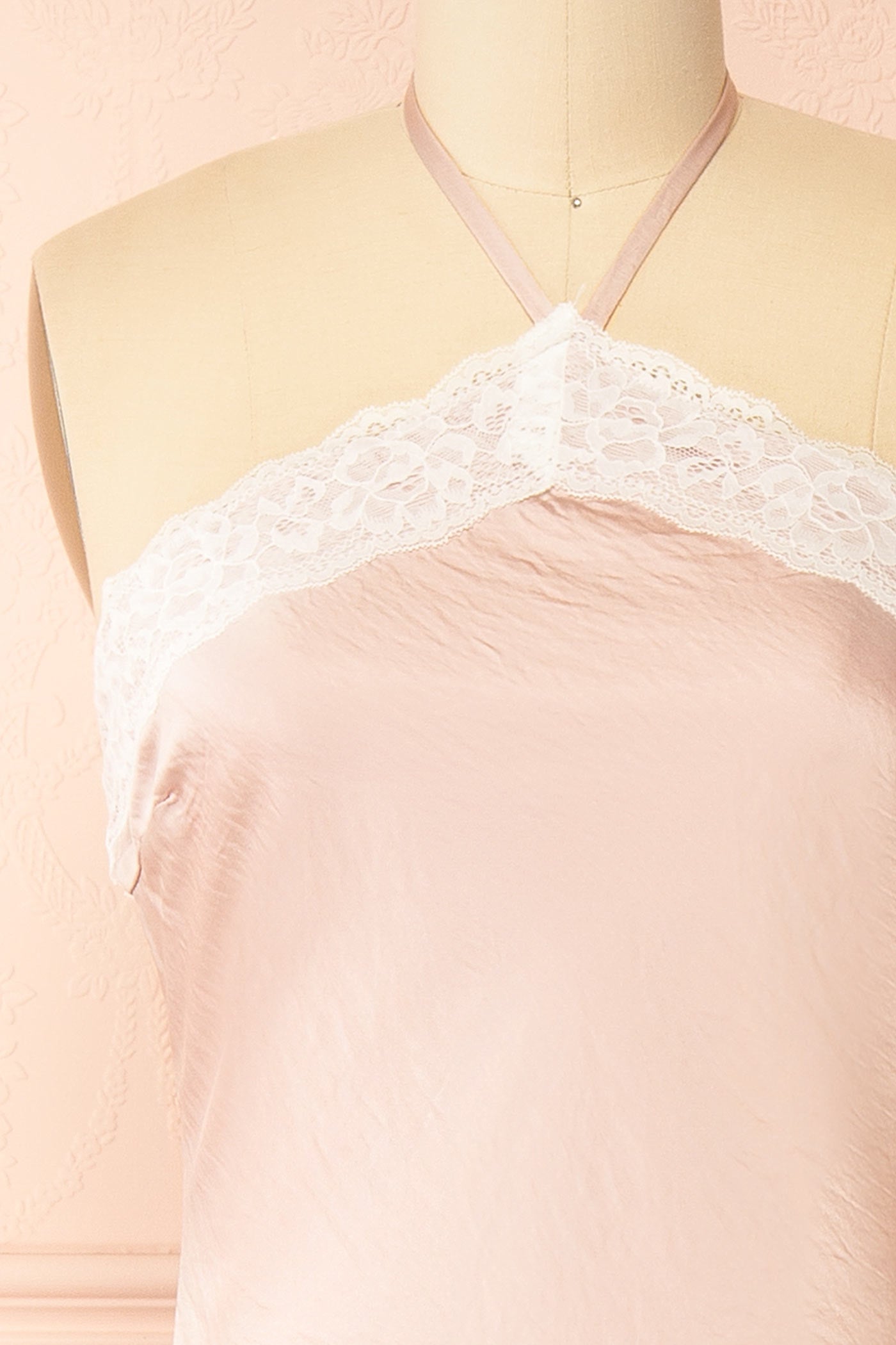 Aralynn Mauve | Lace-Trim Satin Halter Maxi Dress