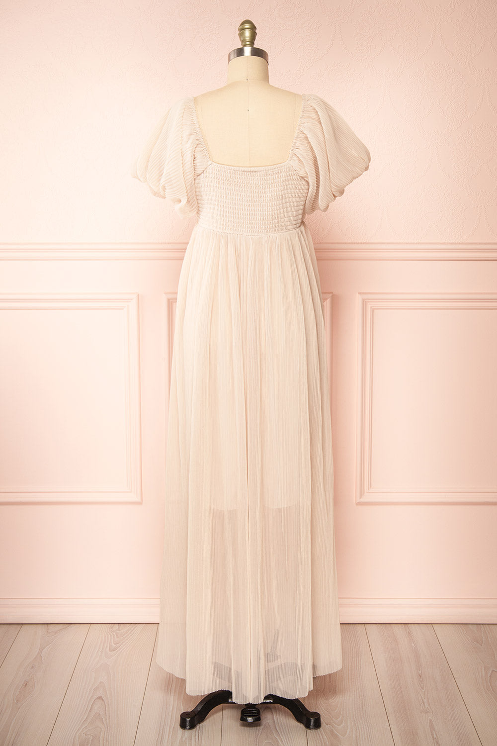 Araminta Pleated Beige Maxi Babydoll Dress | Boutique 1861 back view
