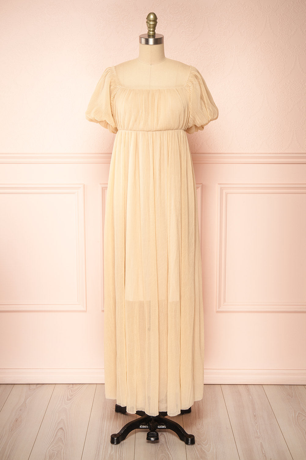 Araminta Beige Pleated Maxi Babydoll Dress | Boutique 1861 front view