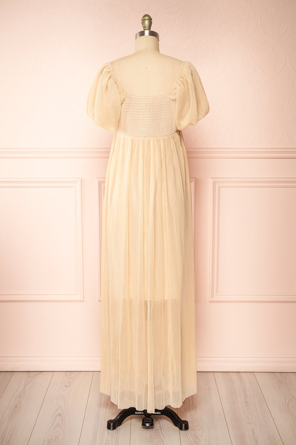 Araminta Beige Pleated Maxi Babydoll Dress | Boutique 1861 back view