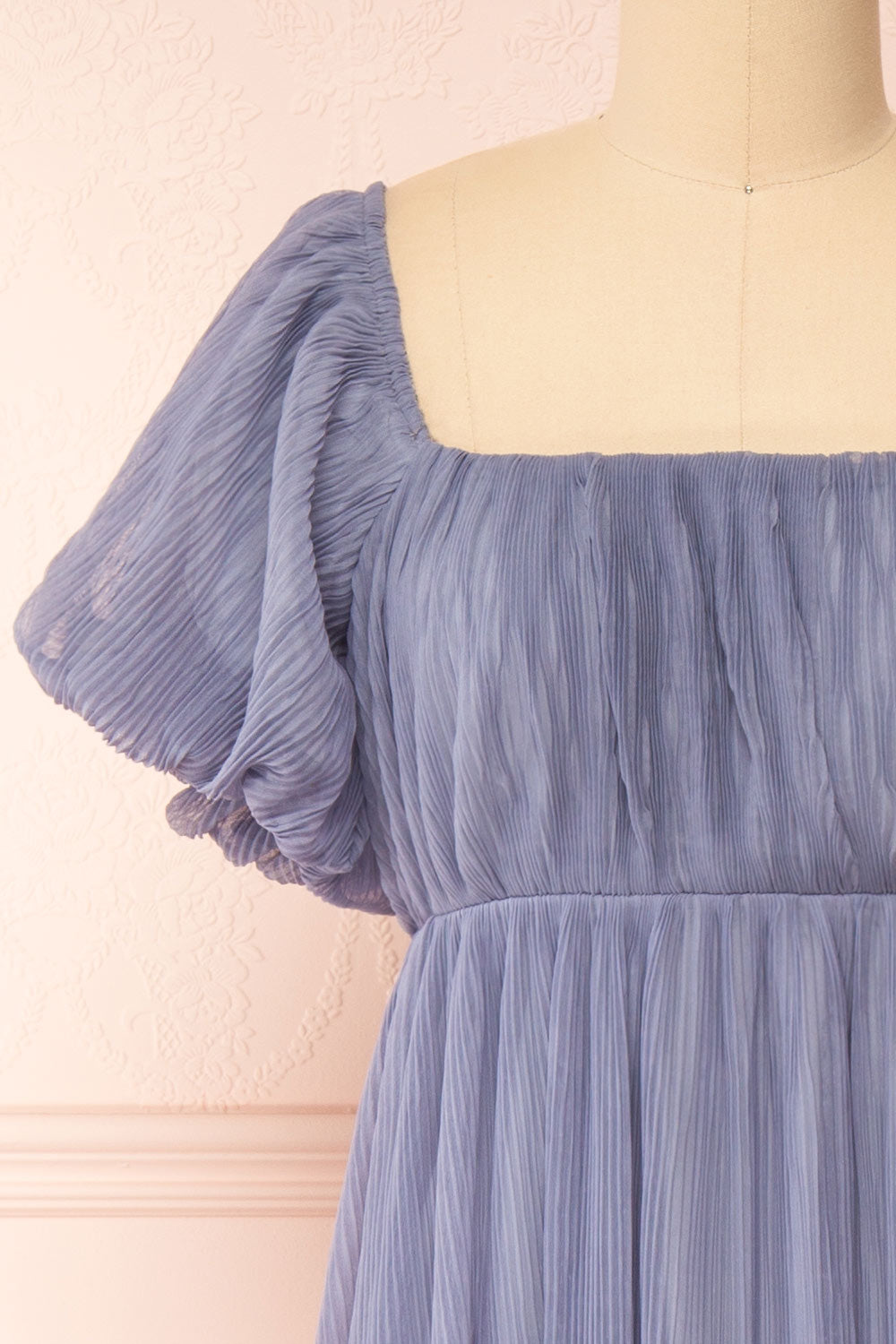 Araminta Pleated Blue Maxi Babydoll Dress | Boutique 1861 front close-up