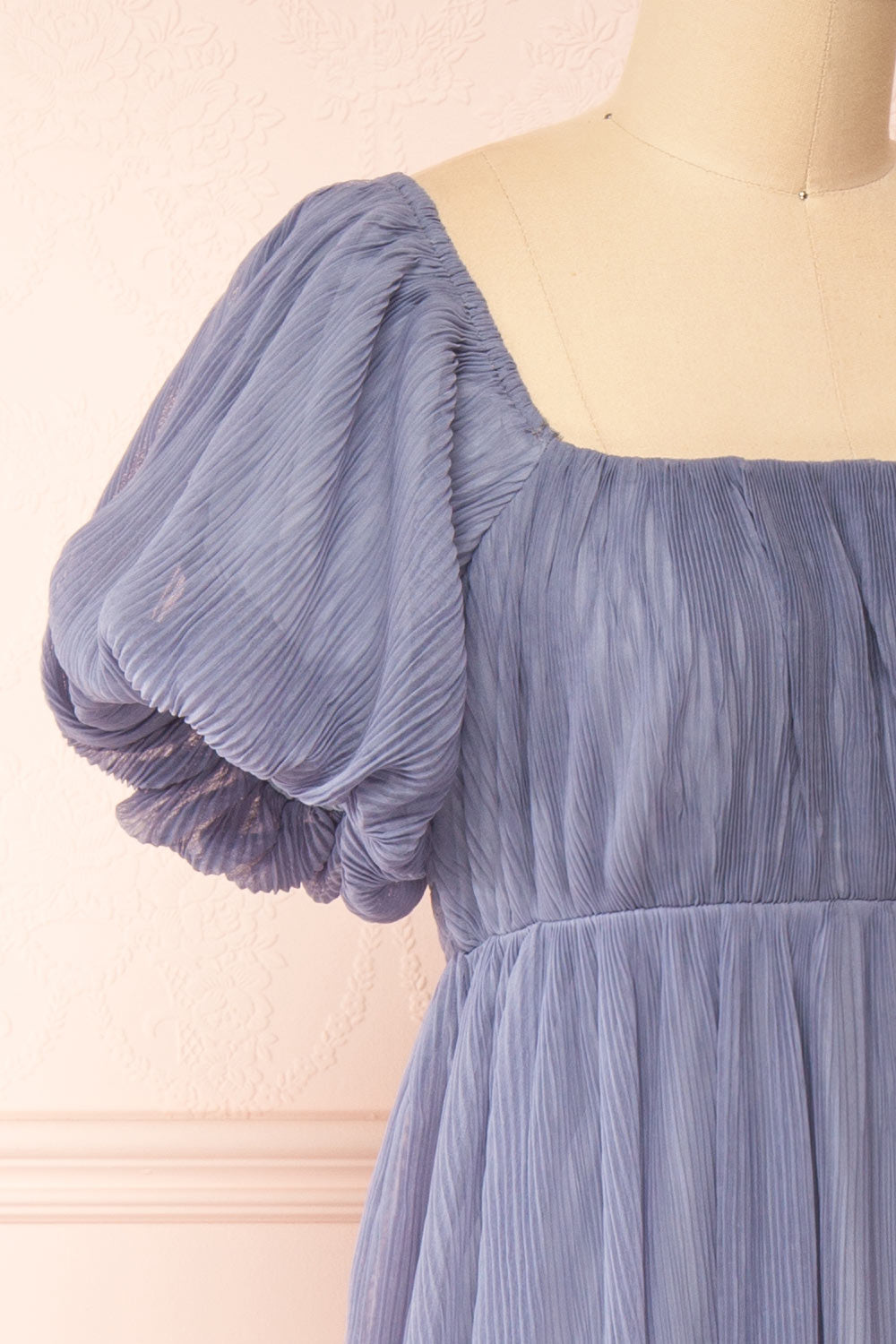 Araminta Pleated Blue Maxi Babydoll Dress | Boutique 1861 side close-up