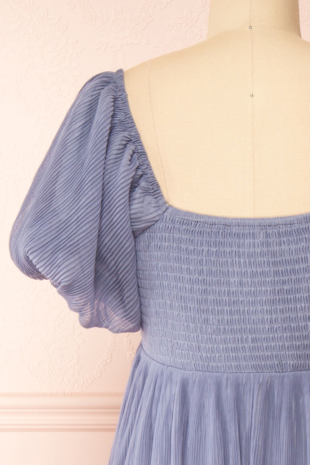 Araminta Pleated Blue Maxi Babydoll Dress | Boutique 1861 back close-up