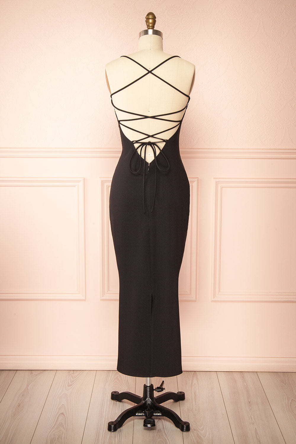 Arannia Black Fitted Midi Dress w/ Laced Back | Boutique 1861 back view