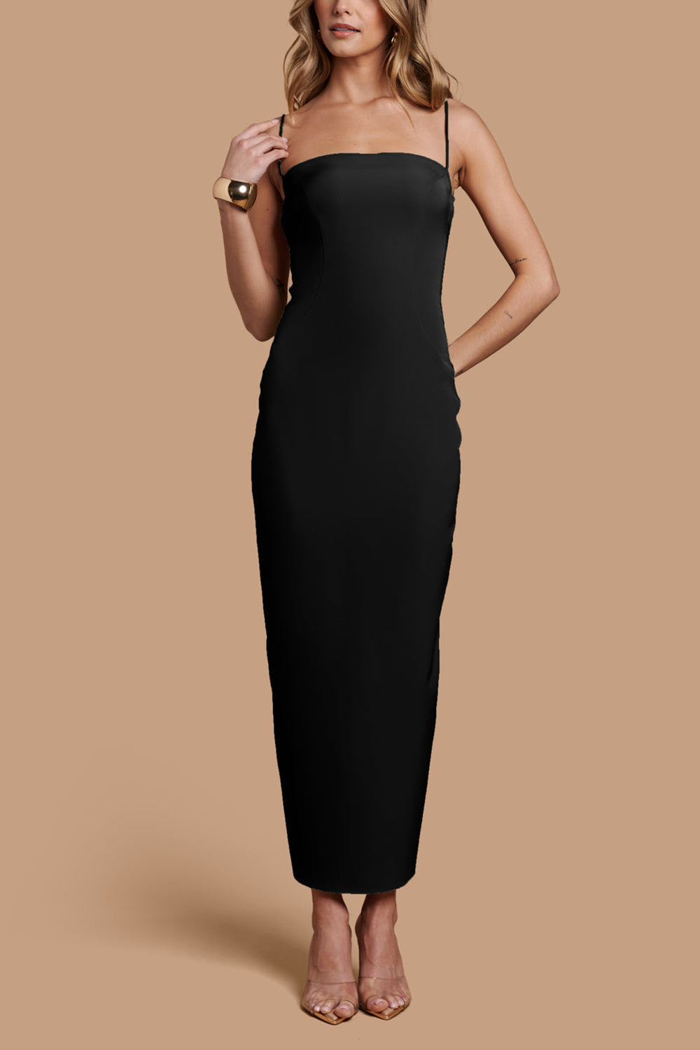Arannia Black Fitted Midi Dress w/ Laced Back | Boutique 1861 model
