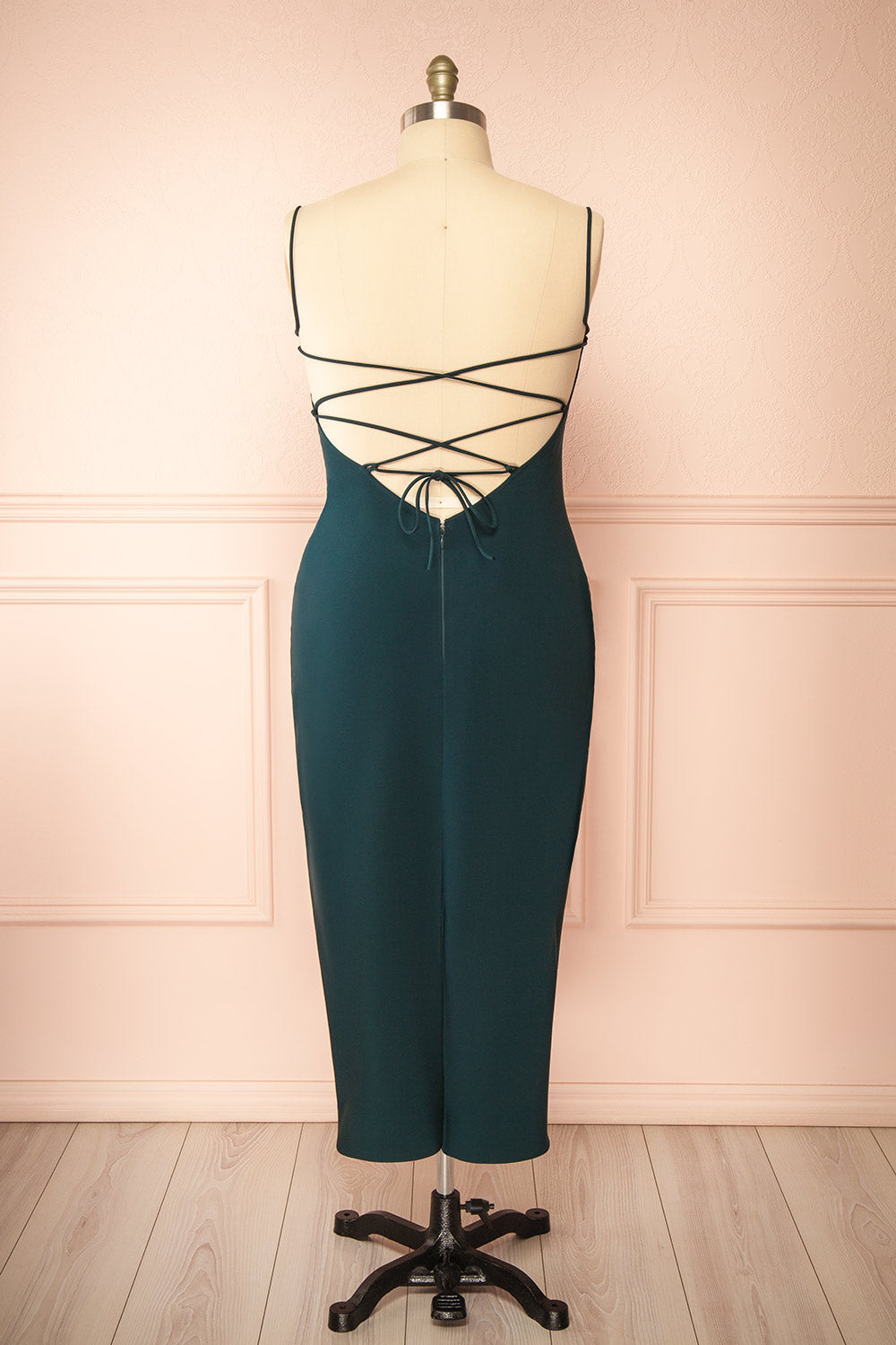 Arannia Green Fitted Midi Dress with Laced Back | Boutique 1861 back plus size