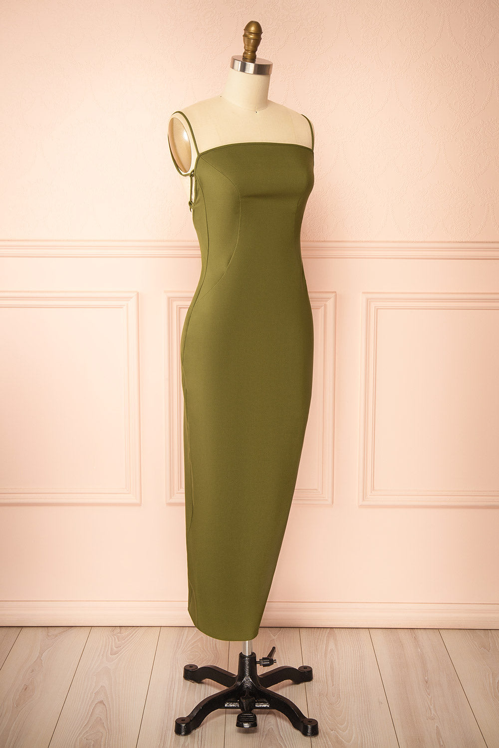 Arannia Khaki Fitted Midi Dress with Laced Back by Arti Gogna | Boutique 1861 side view