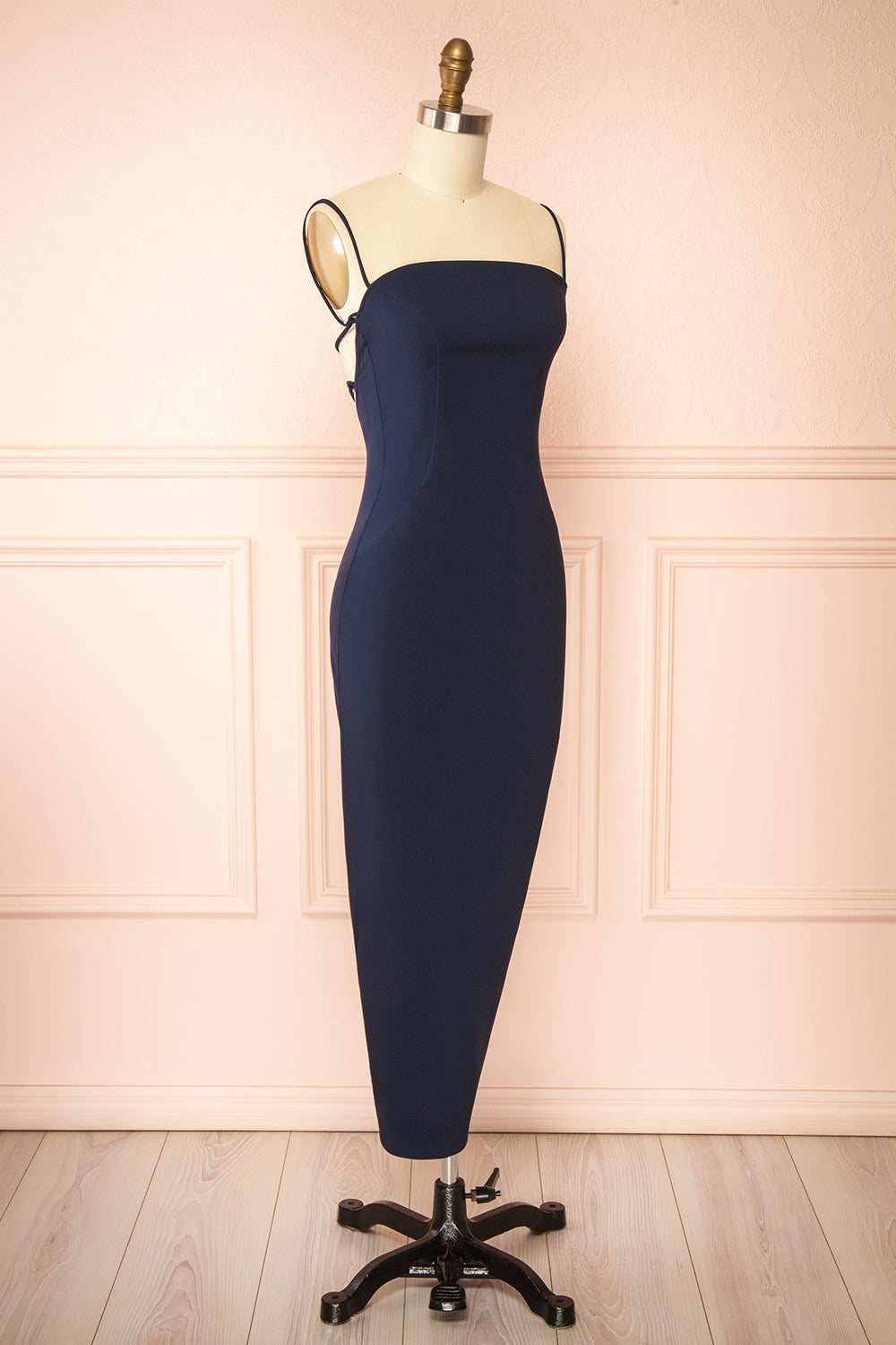 Arannia Navy Fitted Midi Dress with Laced Back | Boutique 1861 side view