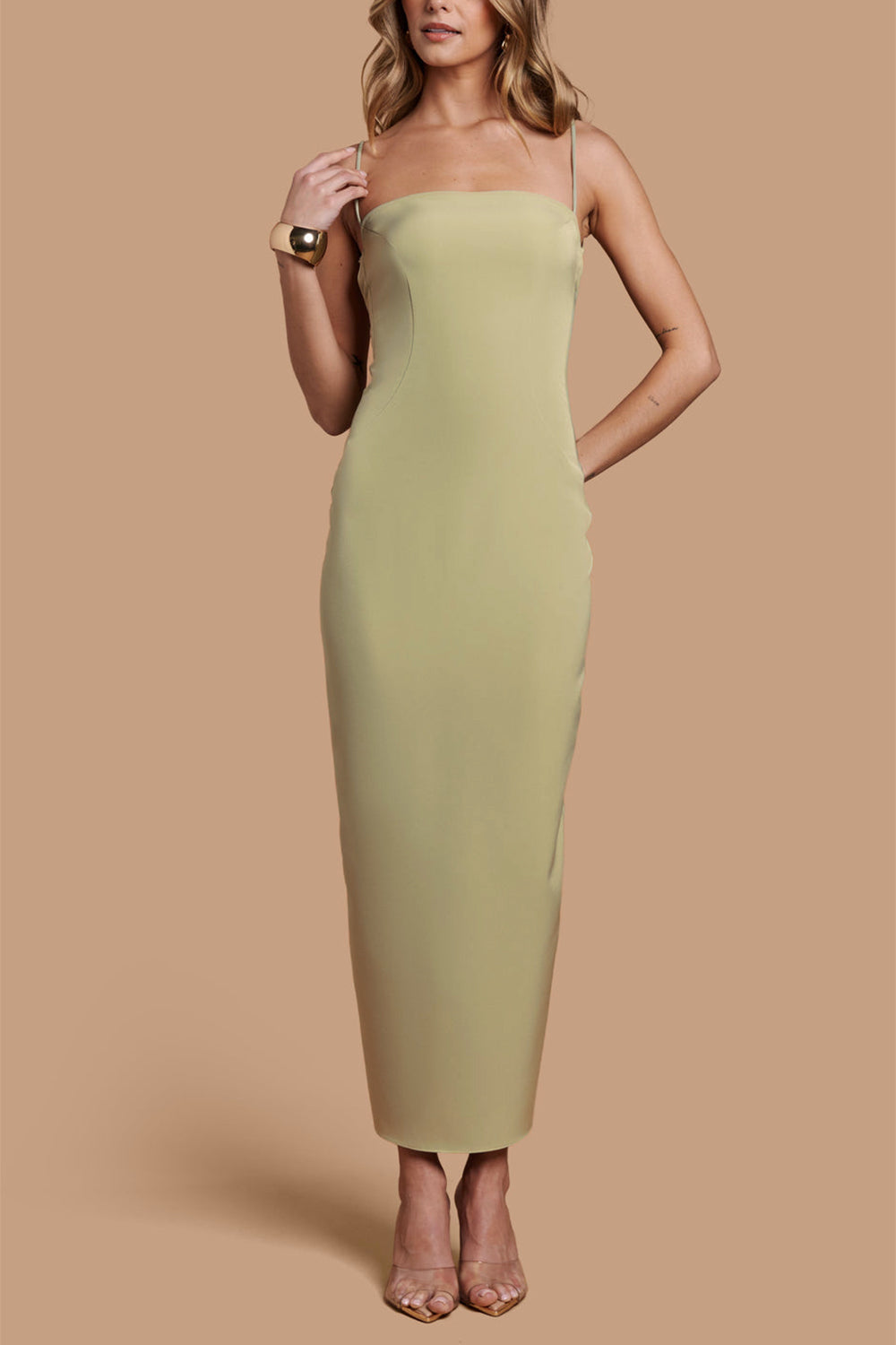 Arannia Sage | Fitted Midi Dress with Laced Back