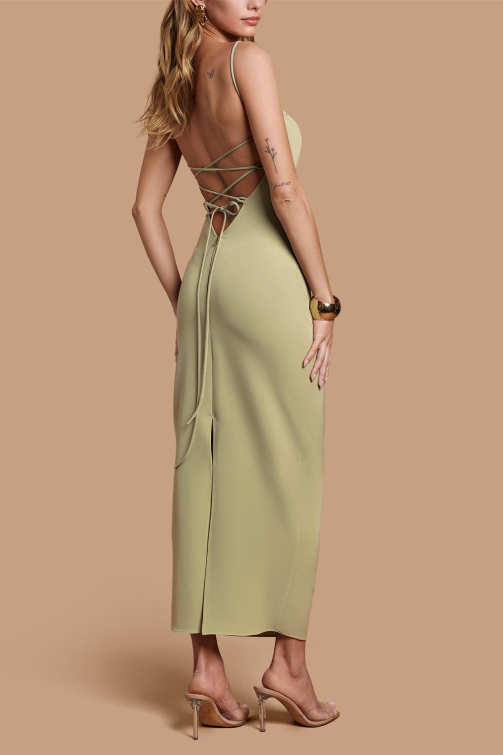 Arannia Sage | Fitted Midi Dress with Laced Back