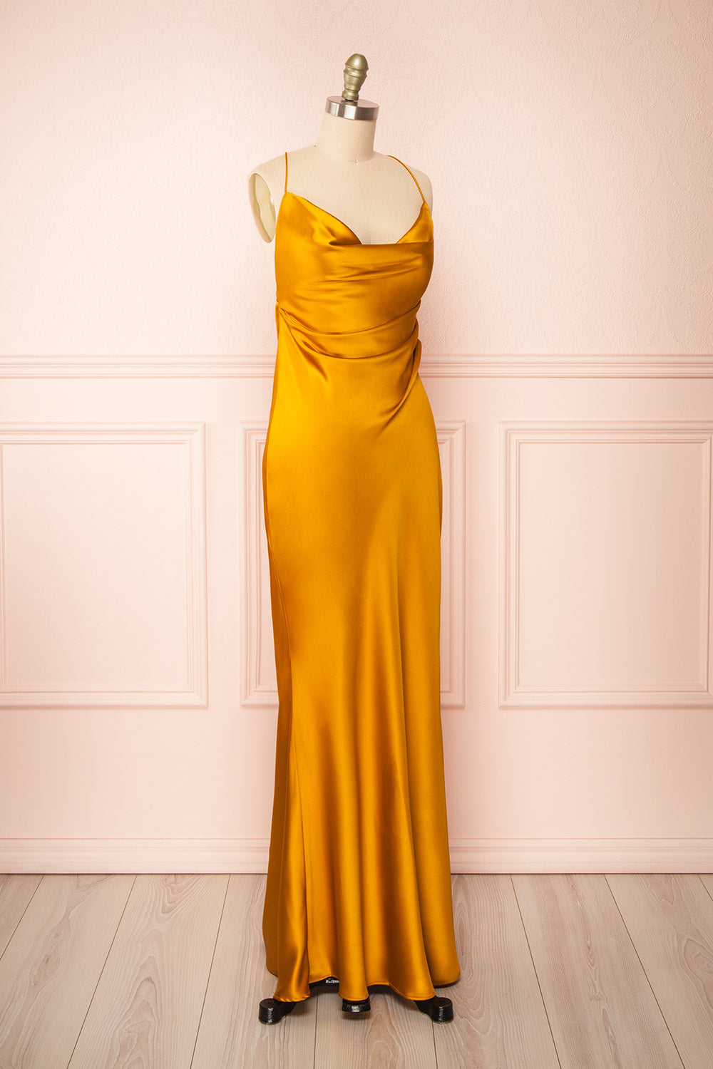 Areane Yellow Cowl Neck Satin Maxi Dress w/ Chain | Boutique 1861 side view