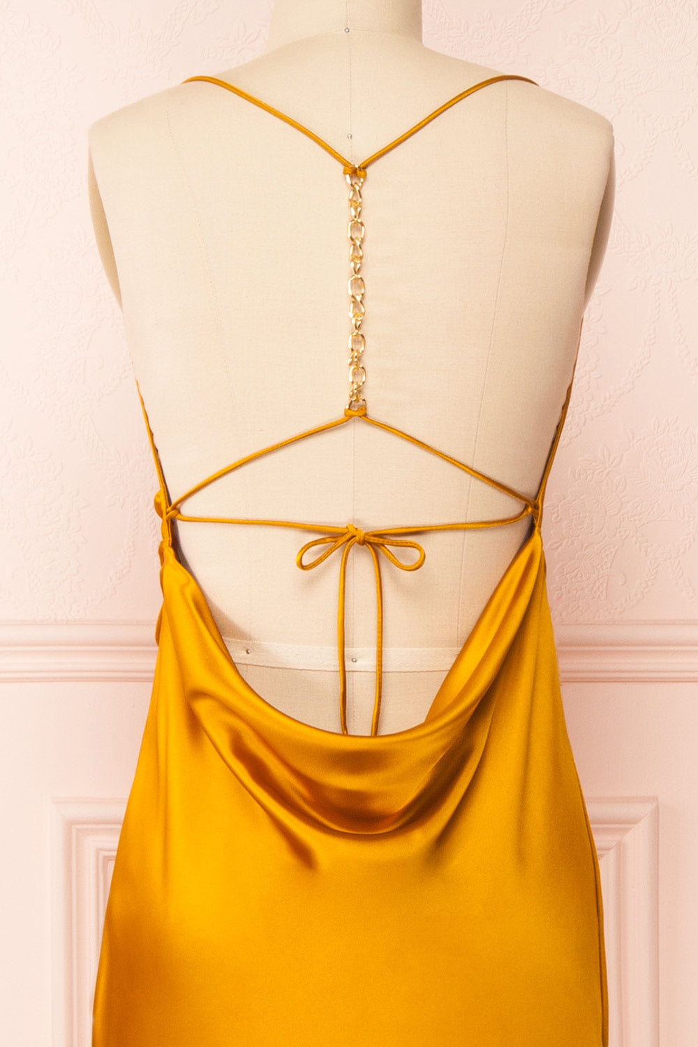 Areane Yellow Cowl Neck Satin Maxi Dress w/ Chain | Boutique 1861 back close-up