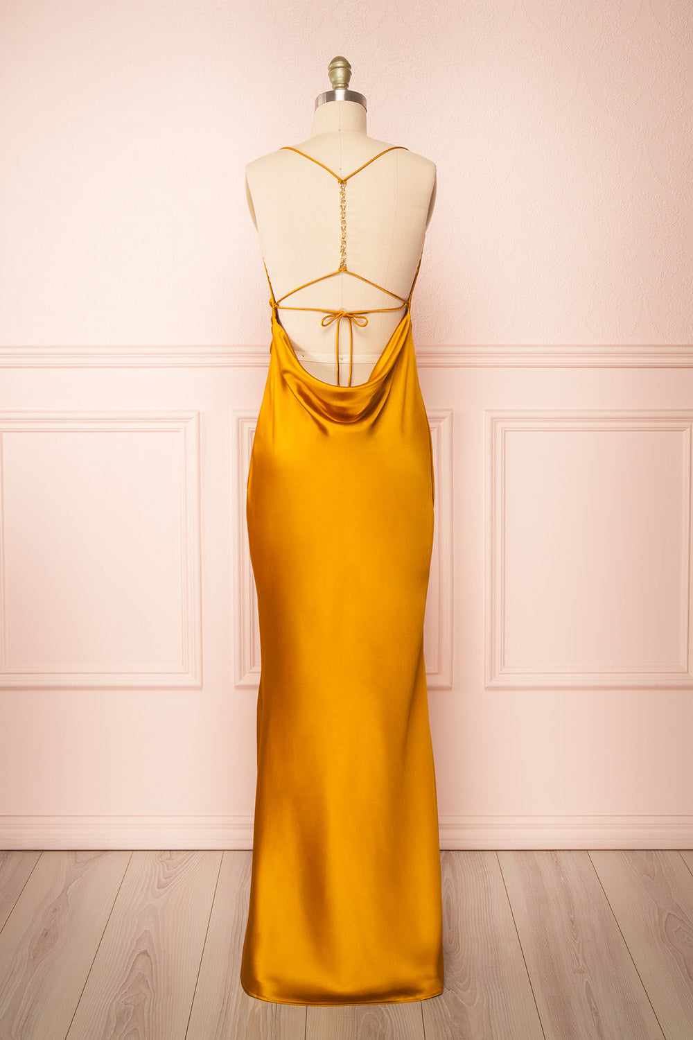 Areane Yellow Cowl Neck Satin Maxi Dress w/ Chain | Boutique 1861