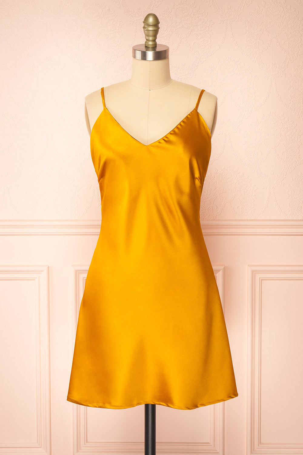 Ariadne Short Golden Satin Dress w/ Open Back | Boutique 1861 Ariadne Short Golden Satin Dress w/ Open Back | Boutique 1861