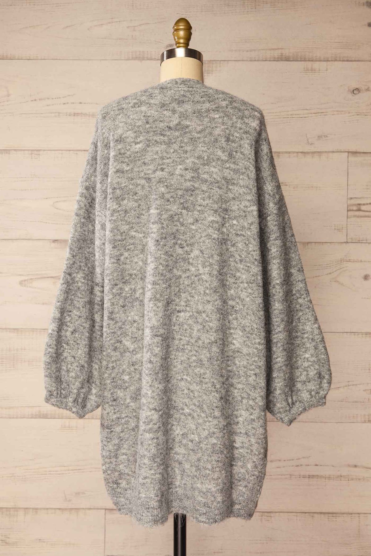 back front view of Ariquemes Grey Open-Front Long Knit Cardigan at La petite garçonne