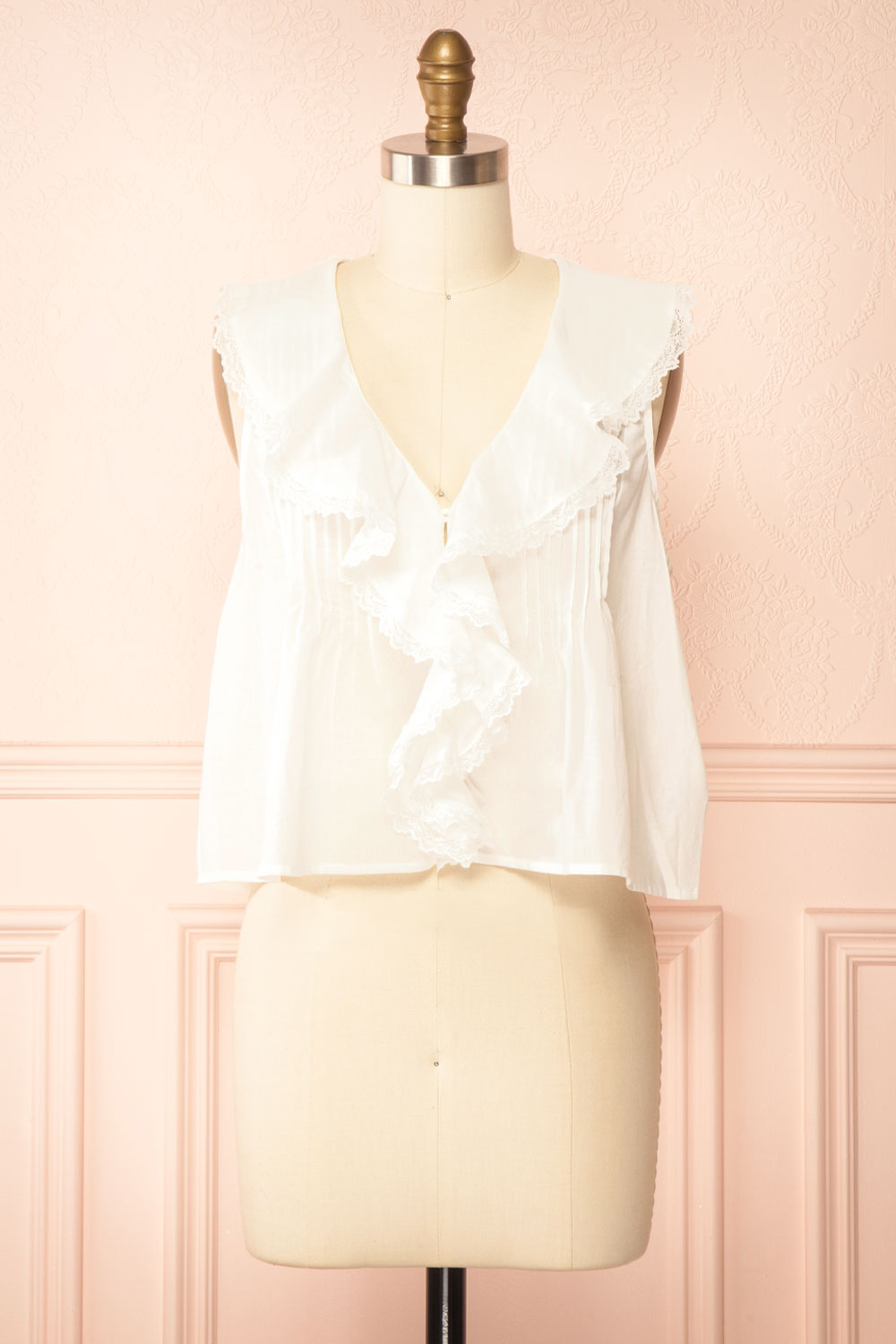 Aristote | White Sleeveless Top with Ruffles and Lace | Front View