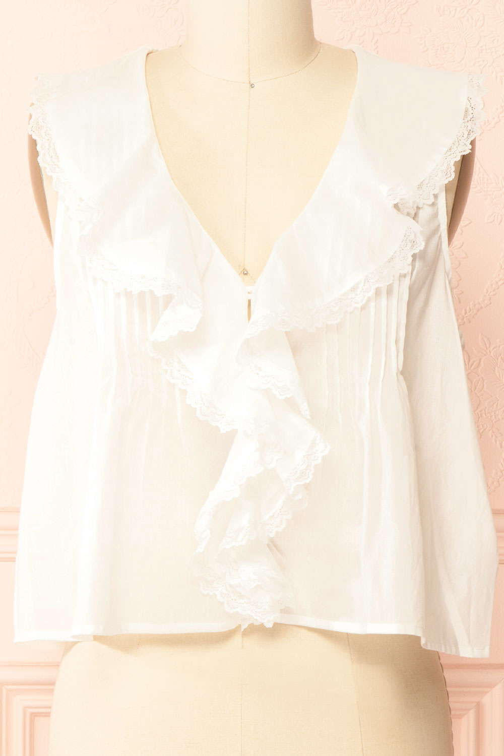 Aristote | White Sleeveless Top with Ruffles and Lace | Front