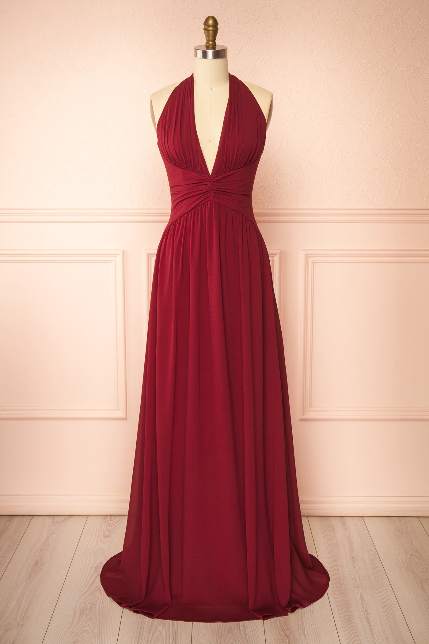 Arleen Burgundy Halter A-Line Maxi Dress | Boutique 1861 front