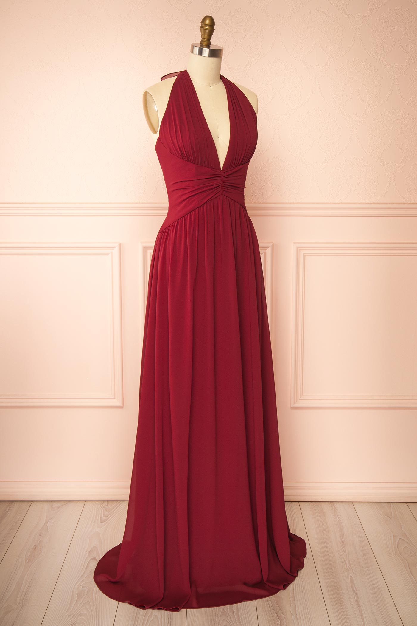 Arleen Burgundy Halter A-Line Maxi Dress | Boutique 1861 side