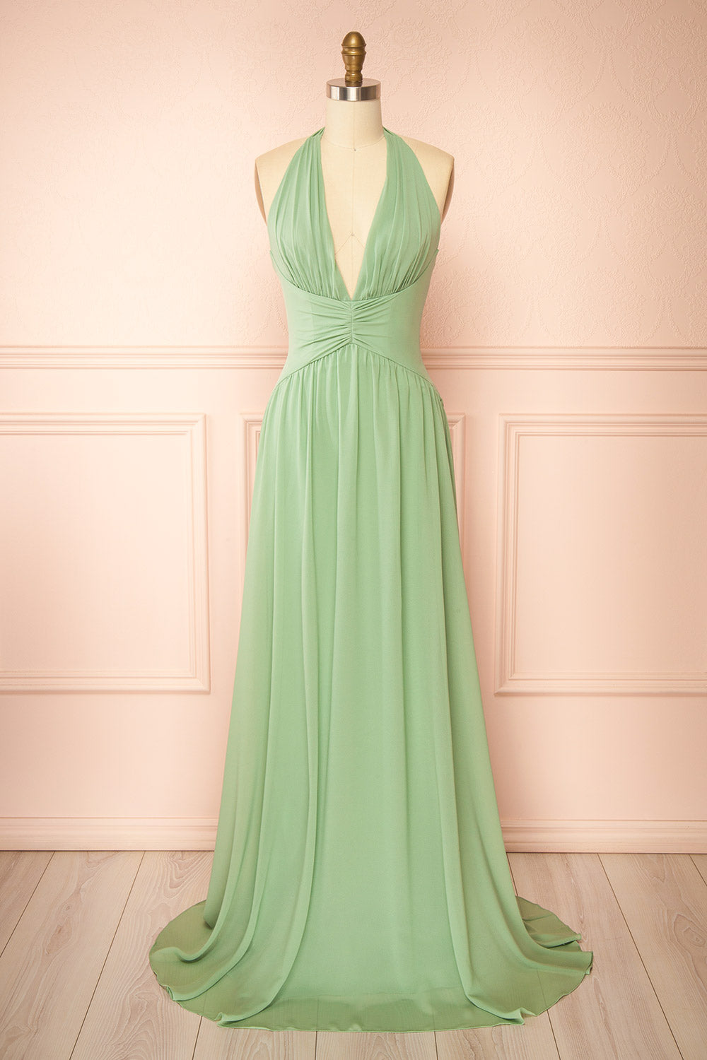 Arleen Sage Halter A-Line Maxi Dress | Boutique 1861 front view