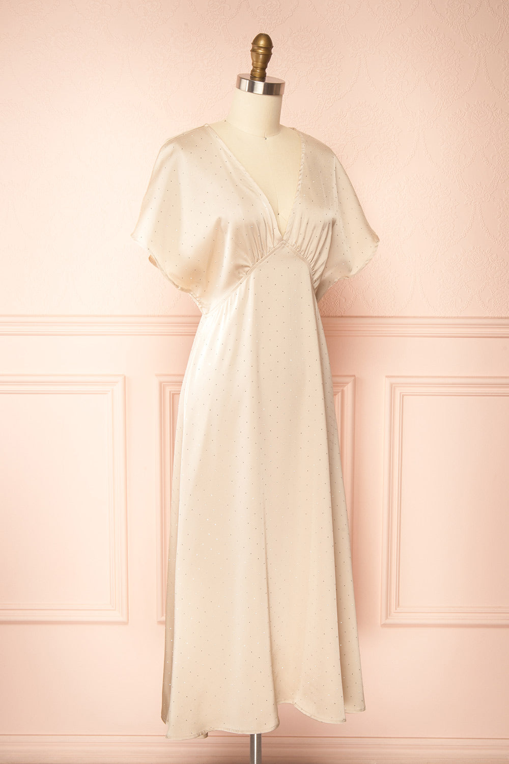 Armance Champagne Satin Dress w/ Crystals | Boutique 1861 side view