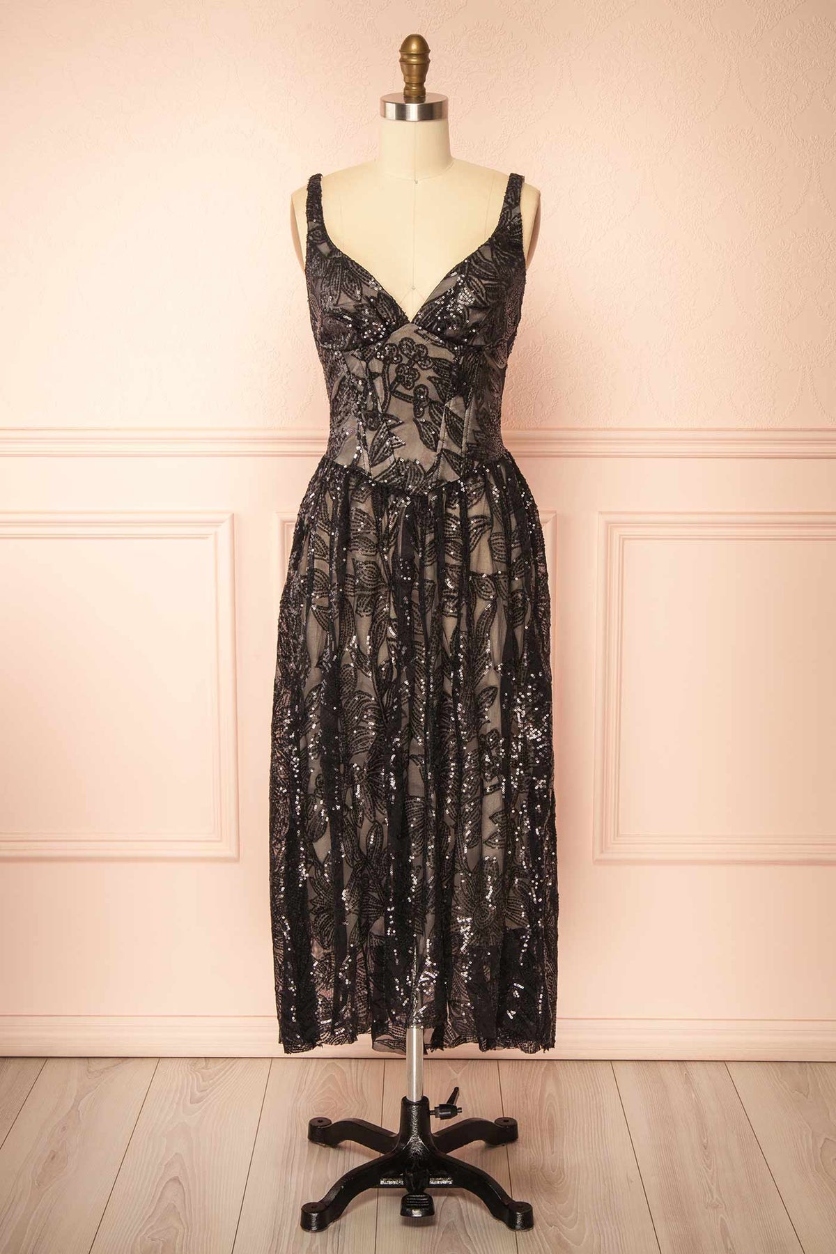 front view of Arminia Black Floral Sequins Midi Dress at Boutique 1861