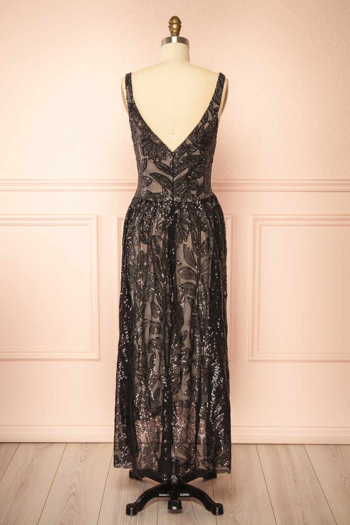 Back view of Arminia Black Floral Sequins Midi Dress at Boutique 1861