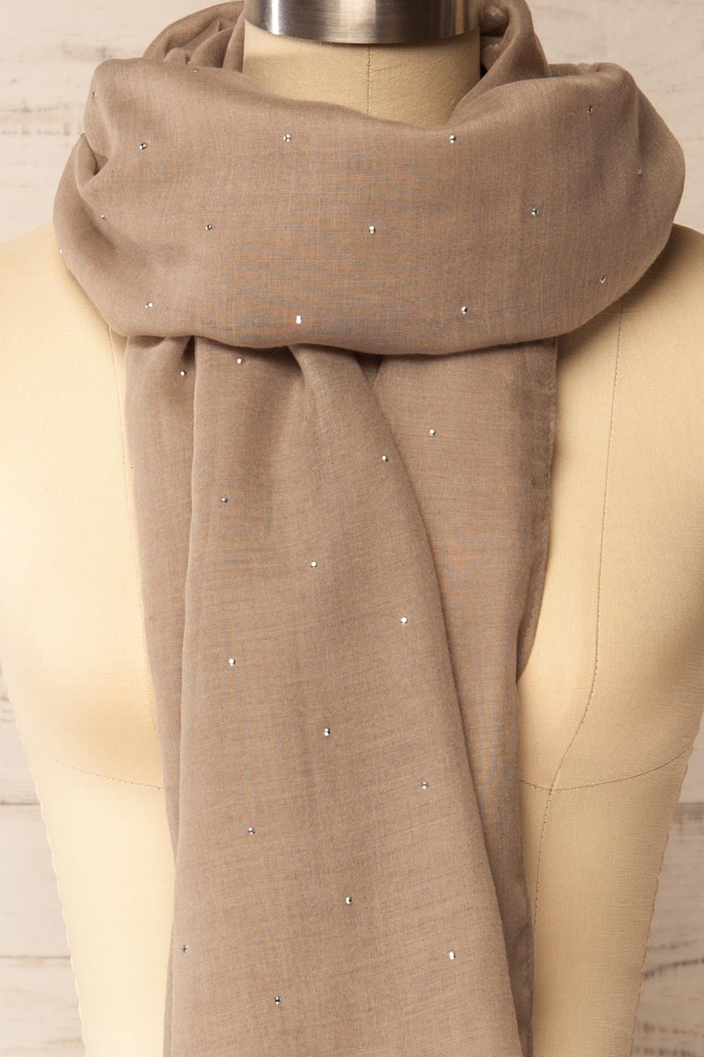 Astelia Taupe Scarf with Silver Studs | La petite garçonne front close-up