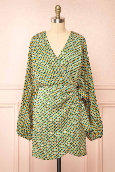 Asterix Short Patterned Wrap Dress w/ Long Sleeves | Boutique 1861 front view