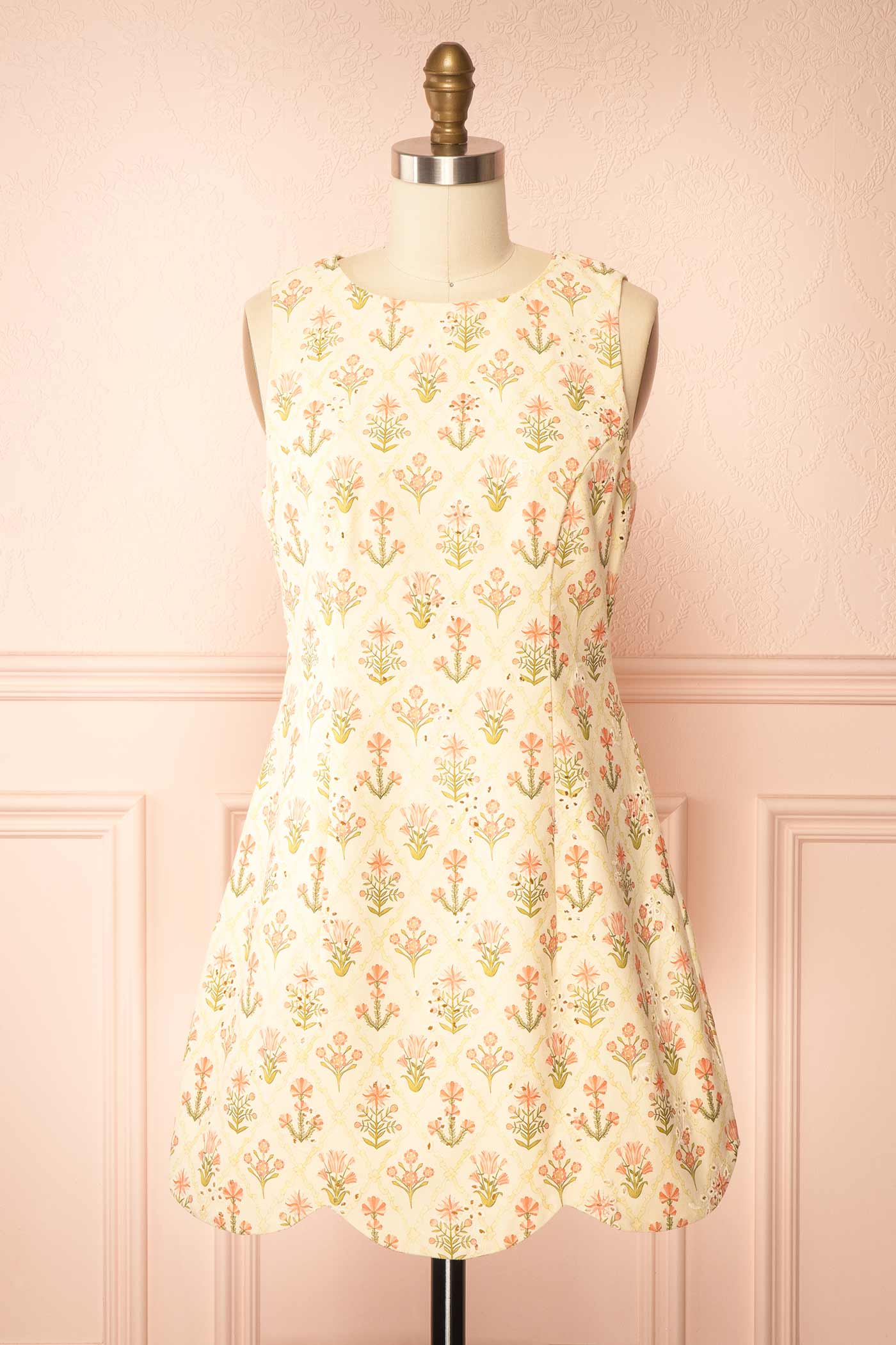Astrell | Floral Eyelet Short Dress with Scallop Hem