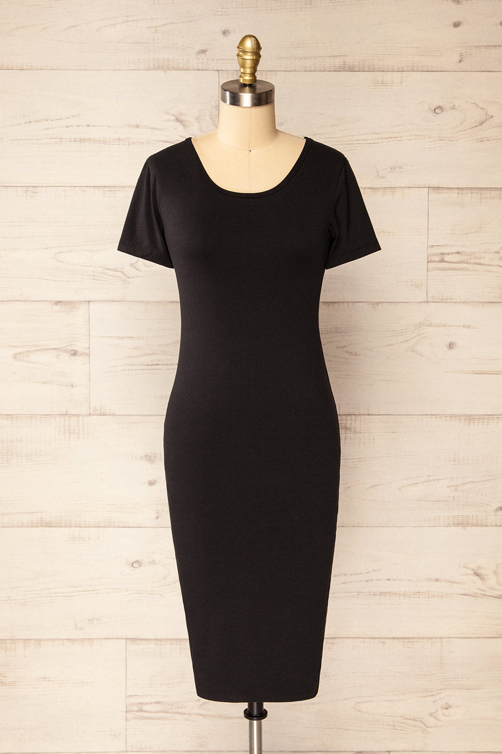 Athens Black Short Sleeve Fitted Midi Dress La petite garçonne