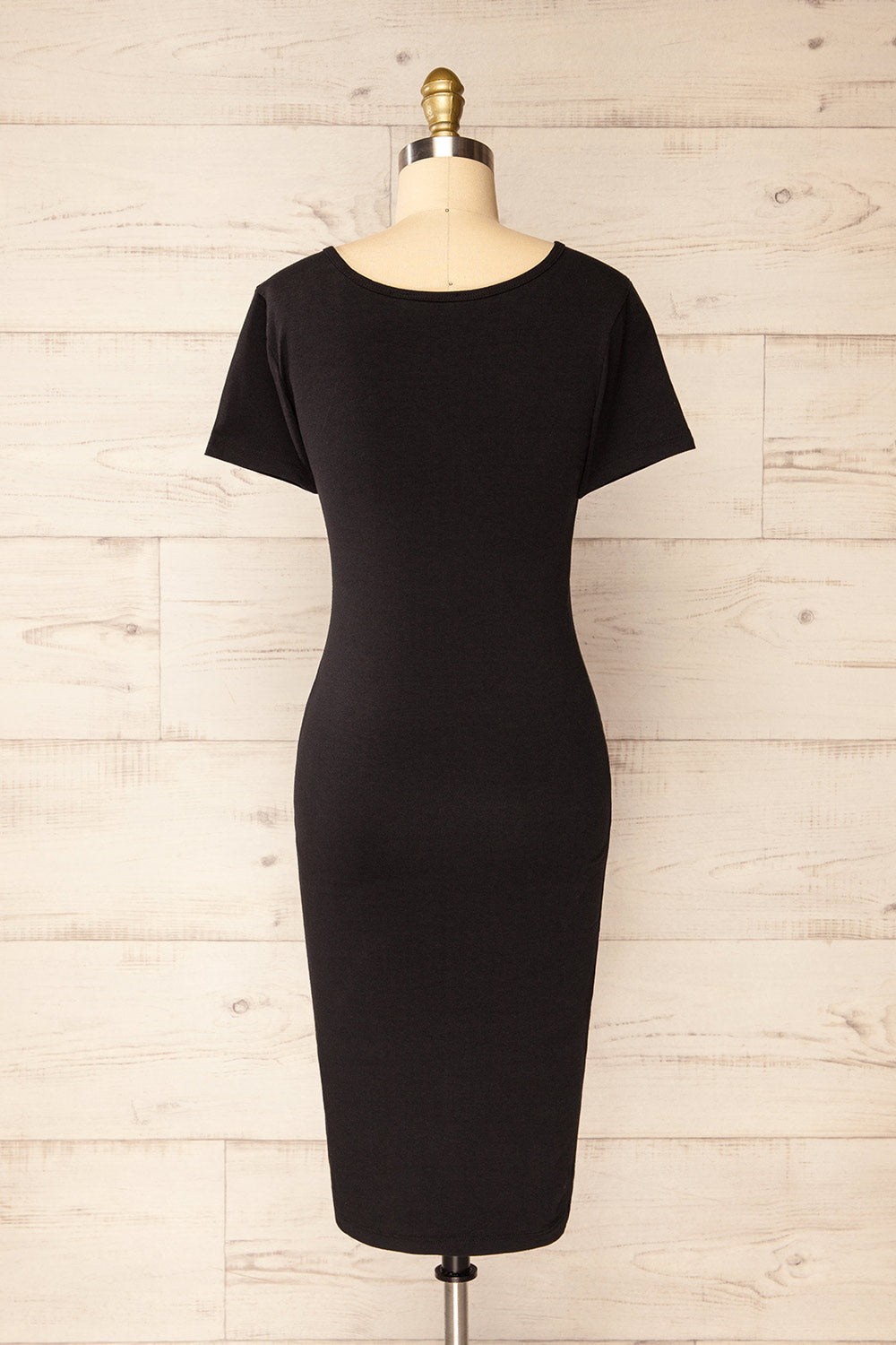 Athens Black Short Sleeve Fitted Midi Dress | La petite garçonne back view