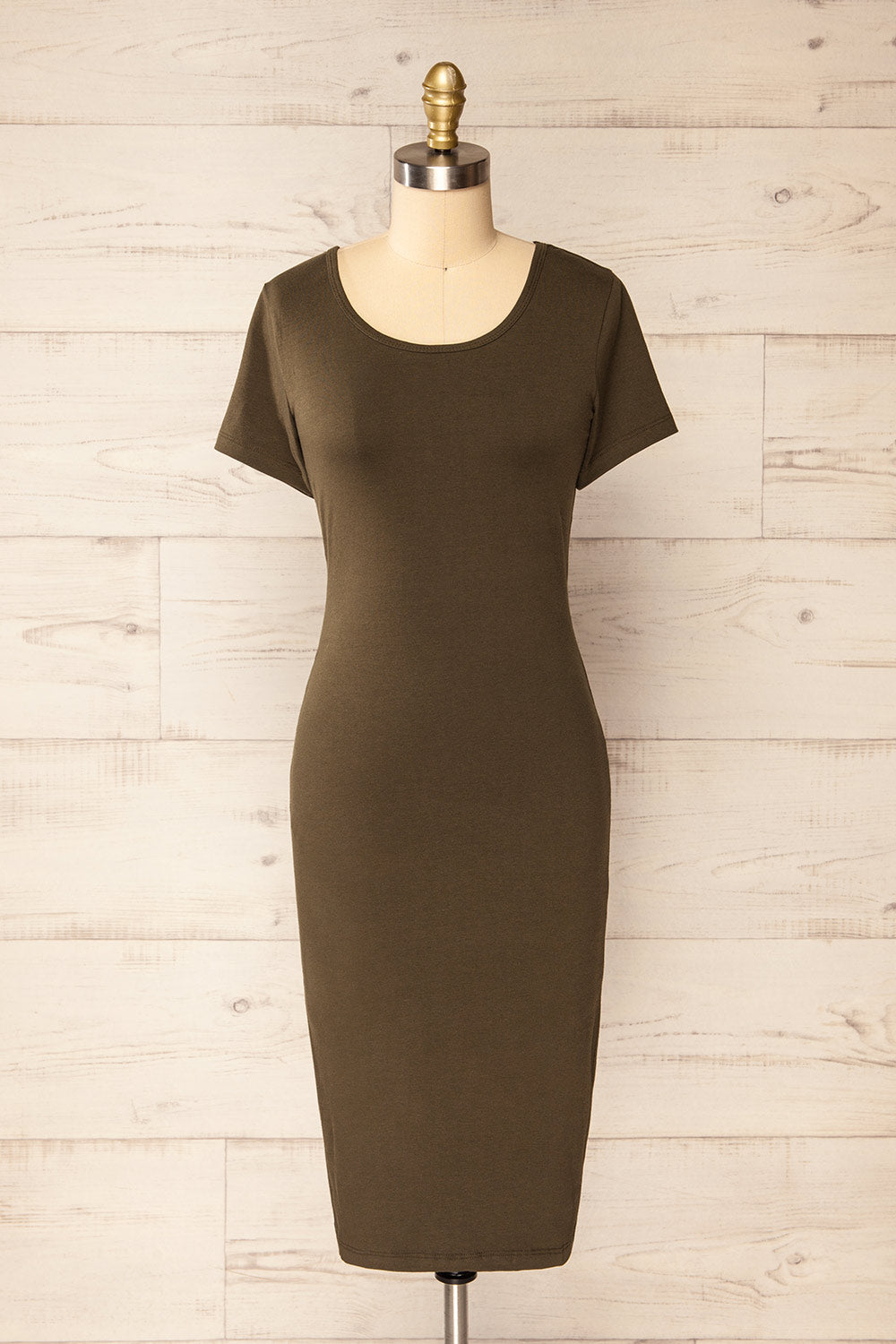 Athens Khaki Short Sleeve Fitted Midi Dress | La petite garçonne front view