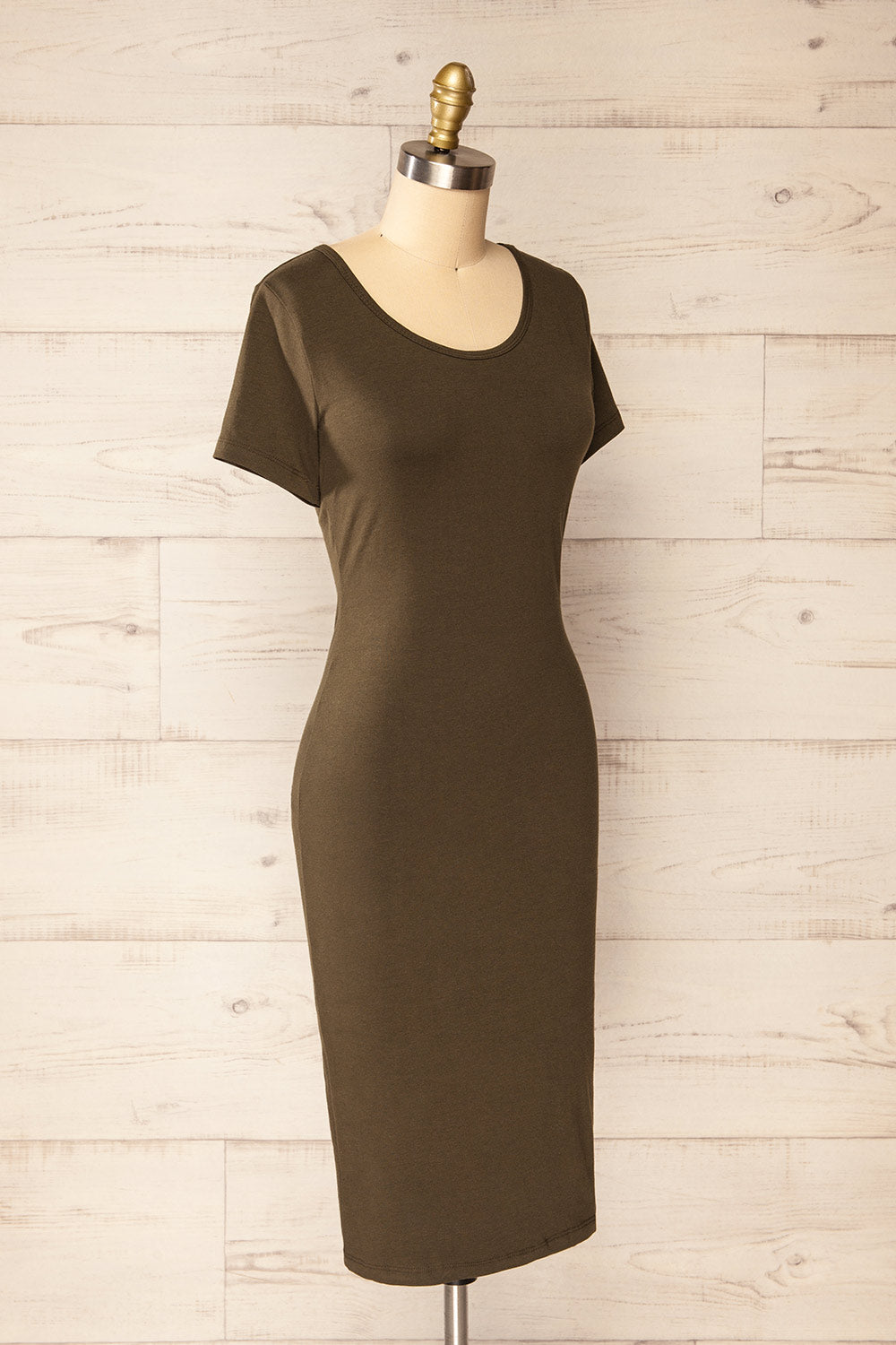 Athens Khaki Short Sleeve Fitted Midi Dress | La petite garçonne side view