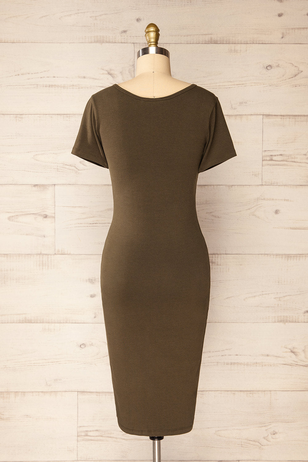 Athens Khaki Short Sleeve Fitted Midi Dress | La petite garçonne back view