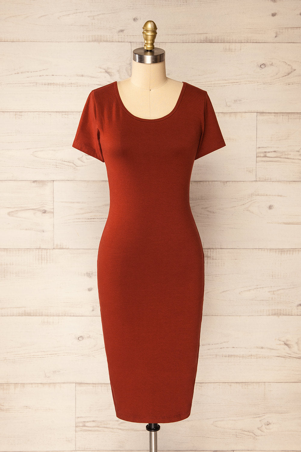Athens Rust Short Sleeve Fitted Midi Dress | La petite garçonne front view